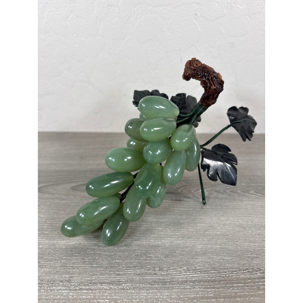 Vintage Carved Green Jade Grape Cluster Stone Fruit Chinese Decor Wood Stem